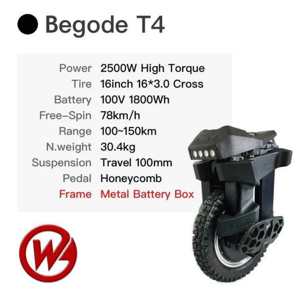 2023 Begode T4 V4 Electric Unicycle – 16-Inch Suspension Wheel with 2500W Power - Image 2